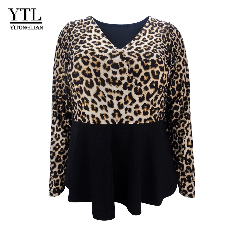 

YTL Large Size Womens Fashion Leopard Print Patchwork Tunic Top V Neck Plus Size Tops Long Sleeve Shirt H129