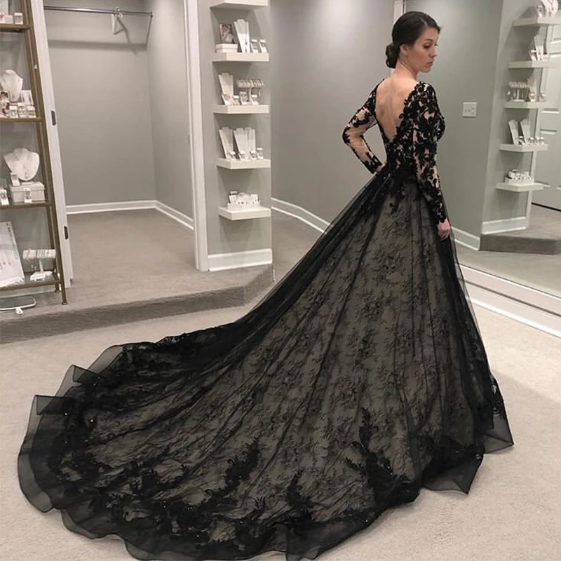 DZW679 Vestido De Noiva Черные Свадебные платья с длинными рукавами и v образным вырезом