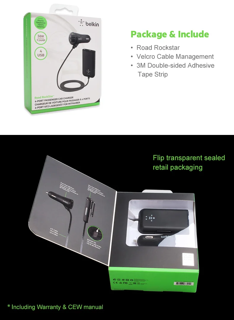 Belkin оригинальный 4 Порты и разъёмы Универсальный быстрый автомобиль Зарядное