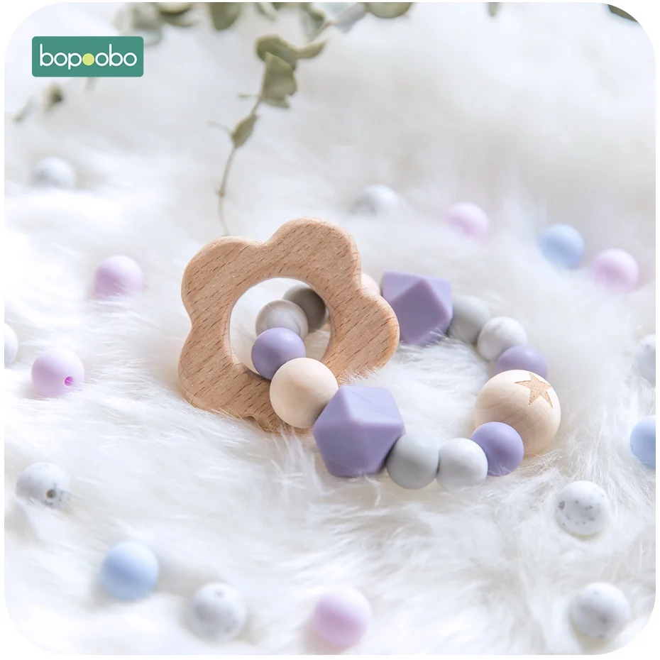 Flower Bopoobo 1 шт. детские погремушки из бука кролик зубцы из древесины бусины Силиконовые Прорезыватели браслеты Монтессори игрушки для детей Детские Подарочные игрушки - Цвет: Flower