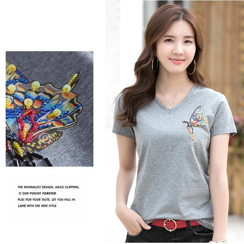 New short-sleeved T-shirt female hand beaded high-end wild V collar butterfly ladies shirt high quality women's top 1946 | Женская