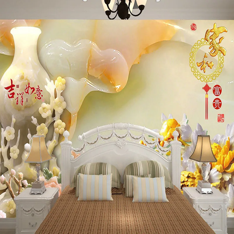 

Customized wallpaper mural Chinese style 3D Chinese pattern with embossed vase behind sofa as background in living room