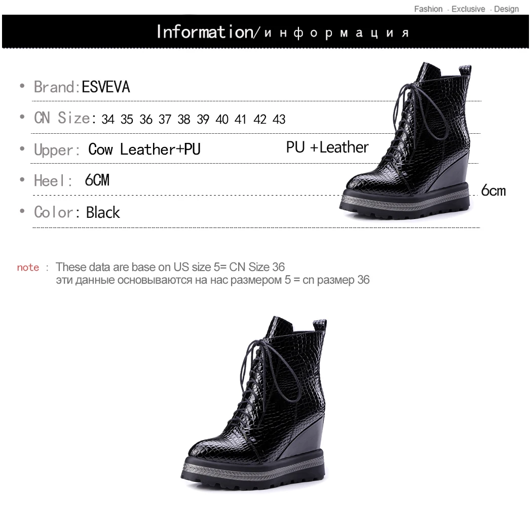 

ESVEVA 2020 Wedge High Heel Women Shoes Winter Leather+PU Ankle Boots Motorcycle Lace Up Pointed Toe Punk Short Boots Size 34-42