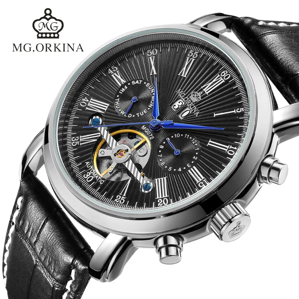 Мужские черные часы с кожаным ремешком и турбийоном мужские механические