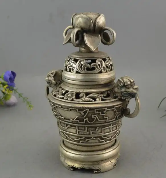 

China collection archaize white copper double lion head Incense burner