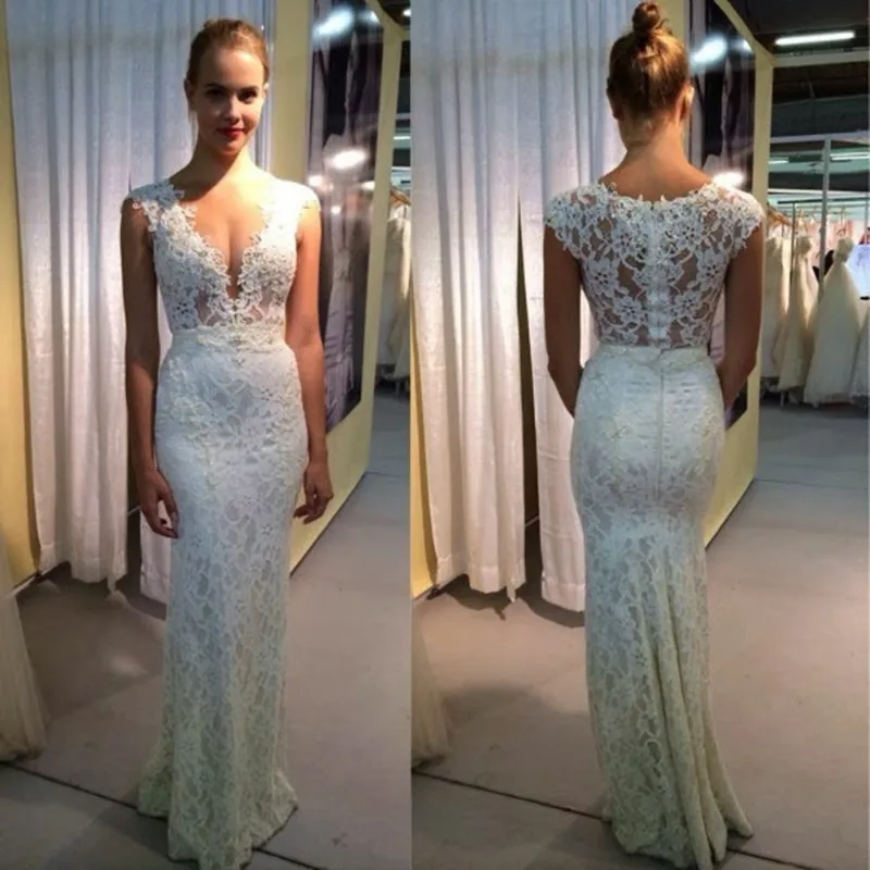 Бесплатная Доставка Белый Аппликации Кружева Русалка Пром Платья Sexy V-образным