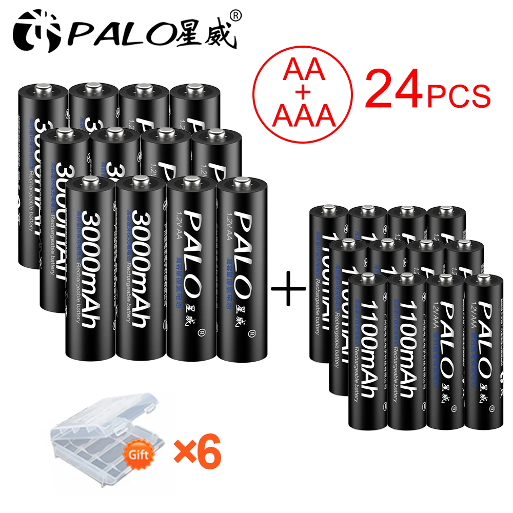 PALO 12 шт 3000mAh 1 2 V Ni MH AA аккумуляторная батарея + 1100mAh AAA перезаряжаемые батареи для
