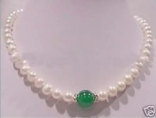 

W&L NEW 7-8mm white pearl 10mm green jadeite necklace