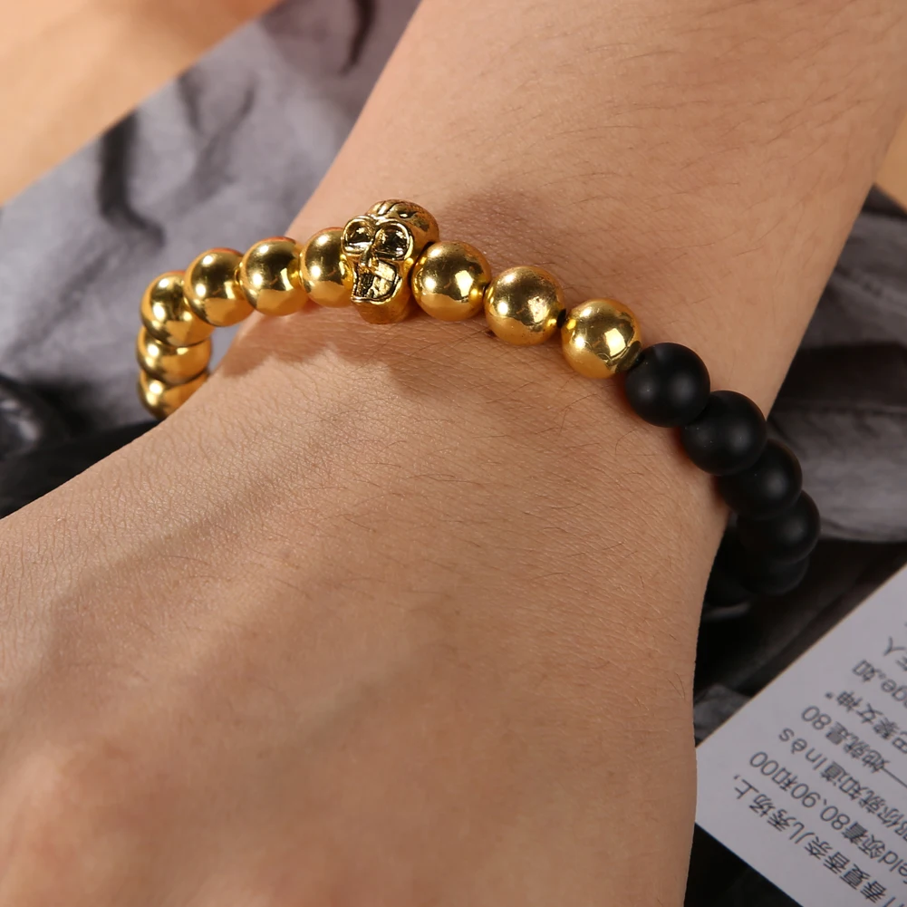 100% новых людей золотой череп головы будды бисера рок эластичный браслет bracciali