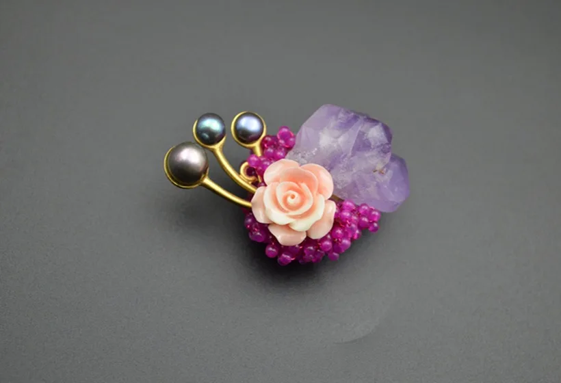 XlentAg Natural Purple Crystal Brooch Pins Fresh Water Black Pearl Flower Brooches Pendant Dual Use Luxury Fine Jewelry GO0047 | Украшения