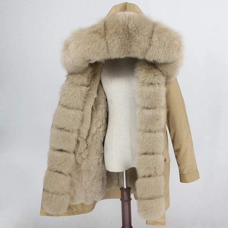 brown beige E Длинная парка OFTBUY, водонепроницаемая верхняя одежда, пальто с натуральным мехом енота, Воротник из лисьего меха, капюшон, подкладка из кроличьего меха, Толстая теплая уличная одежда - Цвет: brown beige E