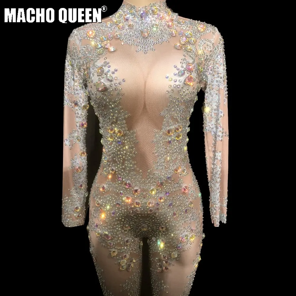 Эротические голографические костюмы Стразы Drag Queen боди с кристаллами комбинезон