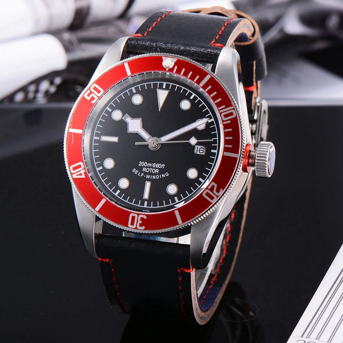 Топ бренд corgeut автоматические часы мужские водонепроницаемые спортивные кожаные