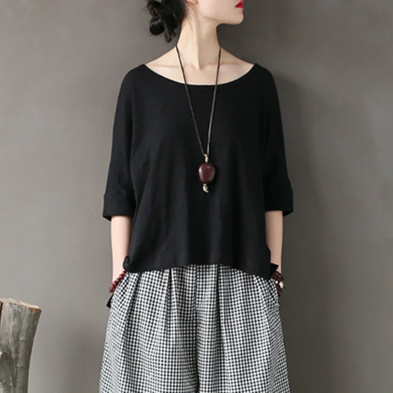 Черный Johnature топы с круглым вырезом и рукавом летучая мышь, одноцветные Топы, летние повседневные нестандартные пуловеры, новые женские свободные футболки - Цвет: Черный