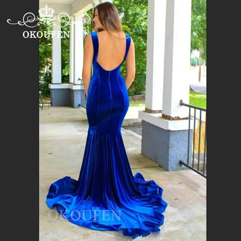 Королевский синий бархат Русалка вечернее платье для женщин 2019 Robe De Soiree спинки