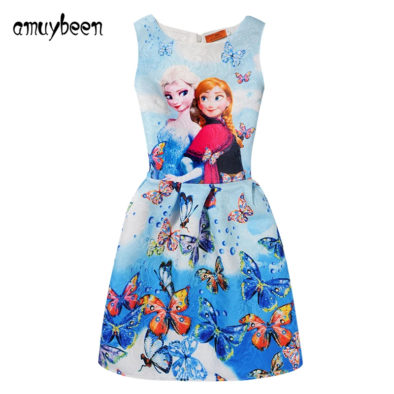 Amuybeen Girls Dress Summer 2019 Butterfly Print Anna Elsa Princess for Casual Costume 10 11 Years Teenager Clothes | Детская одежда и