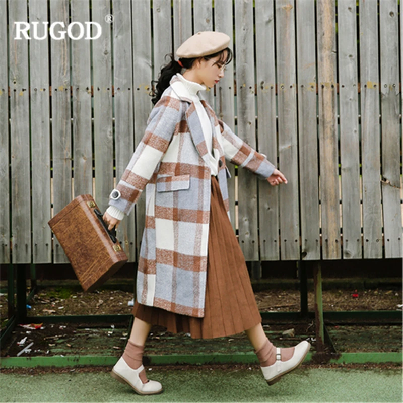 RUGOD Новое корейское цветное шерстяное пальто женское зимнее толстое в клетку