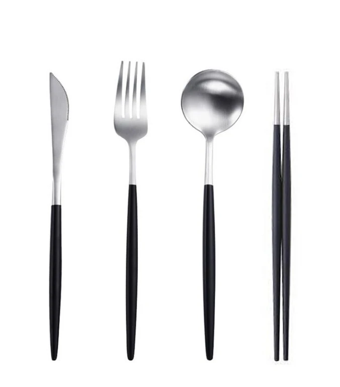 silver 4pcs set 2 Португалия с острым концом Набор столовых приборов черная ручка набор столовых приборов Золото Серебро Цвет Западная посуда вилка, нож, ложка палочки для еды - Цвет: silver 4pcs set 2