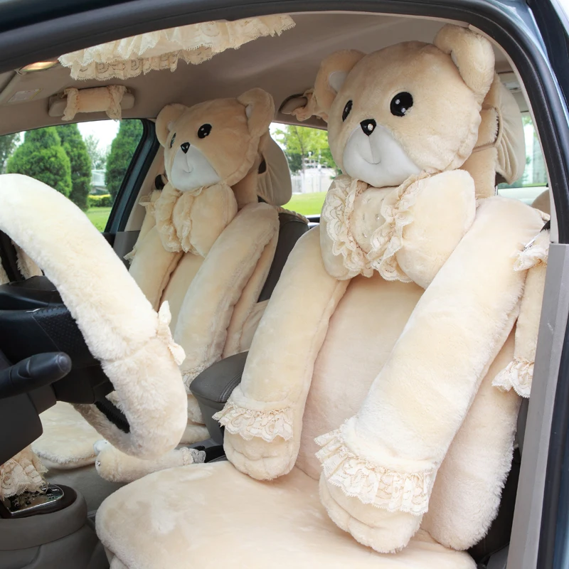 

MMBear Cute Cartoon Universal Car Seat Cover Plush Lace Seat Cushion 9pcs for Women Automobile Interior Accessories - Red