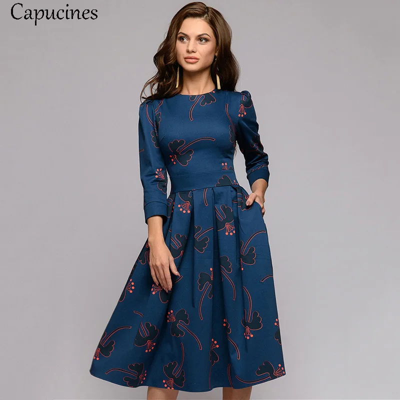 Capucines, винтажное, элегантное, с цветочным принтом, вечерние, женское платье, весна-лето, рукав 3/4, карман, повседневное, вырез лодочкой, платье - Цвет: Navy Blue