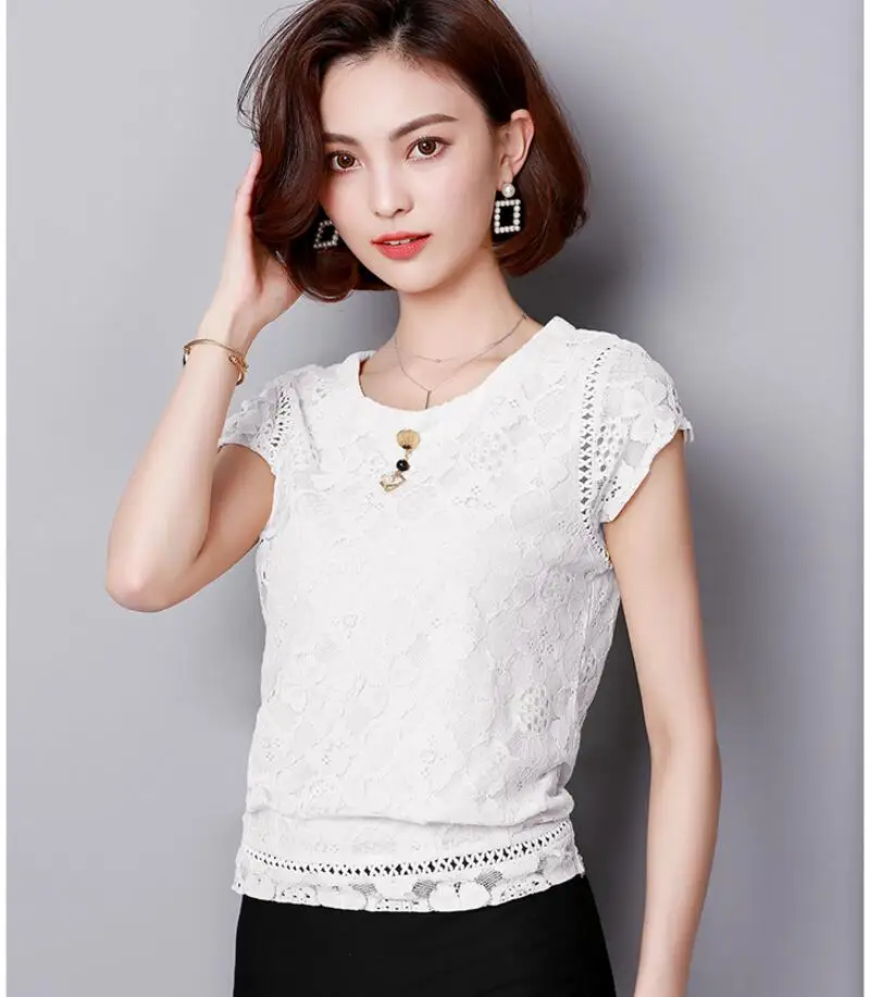 Blusas Mujer De Moda, летняя женская кружевная блузка с коротким рукавом, модные женские рубашки размера плюс, Женские топы и блузки размера s 3XL