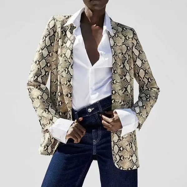 Женский винтажный Блейзер со змеиным принтом Повседневная Верхняя одежда с