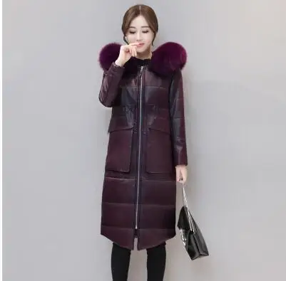 purple 5XL Зимняя мода овечья кожа пальто для женщин длинный Лисий мех с капюшоном кожаный пуховик Feminino парка пальто - Цвет: purple