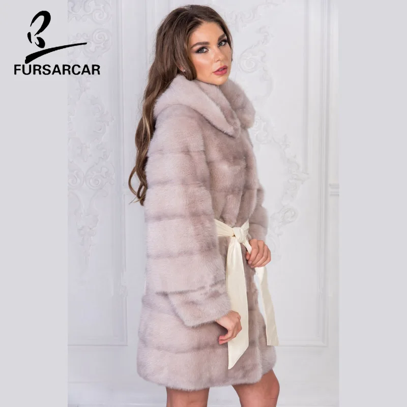 Женское пальто с натуральным мехом норки FURSARCAR однотонное плотное средней длины
