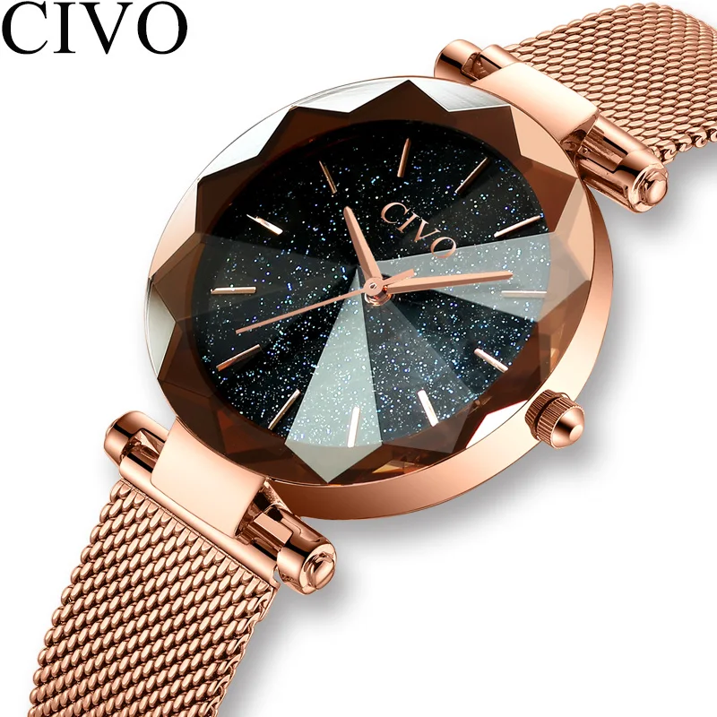 CIVO, роскошные часы с кристаллами, женские модные кварцевые часы с золотым сетчатым ремешком, Лидирующий бренд, водонепроницаемые часы, подарок для жены, Relogio Feminino