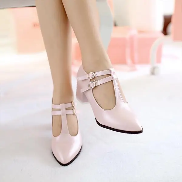 2014 Старинные Т Ремень Двойной Пряжки Острым Носом На Высоком Каблуке насосы