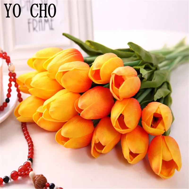YO CHO 11PCS/LOT Mini Tulips PU Artificial Flower For Wedding Bridal Bouquet Home Garden Decoration DIY Real Touch Fake Flowers