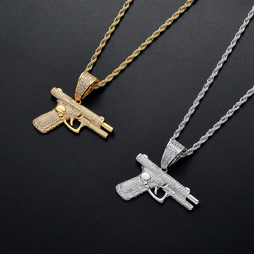 Микро проложили AAA кубического циркония Bling Iced Out автоматический пистолет кулоны с оружием ожерелье для мужчин хип хоп рэппер ювелирные изделия золото серебро
