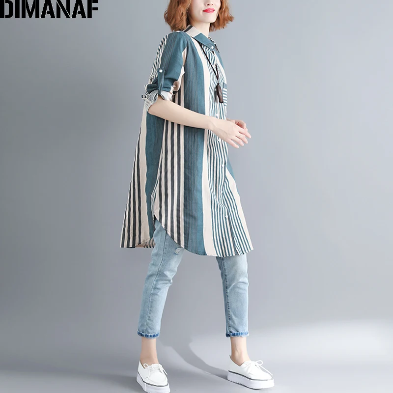 DIMANAF, женская блузка, рубашка размера плюс, хлопок, женская одежда, свободная, в полоску, зеленый, длинный рукав, кардиган с поясом, осень