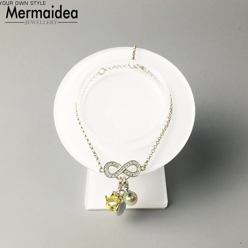Браслеты с подвесками Mum with Pearl цепочка из звеньев Посеребренная модная Клубная