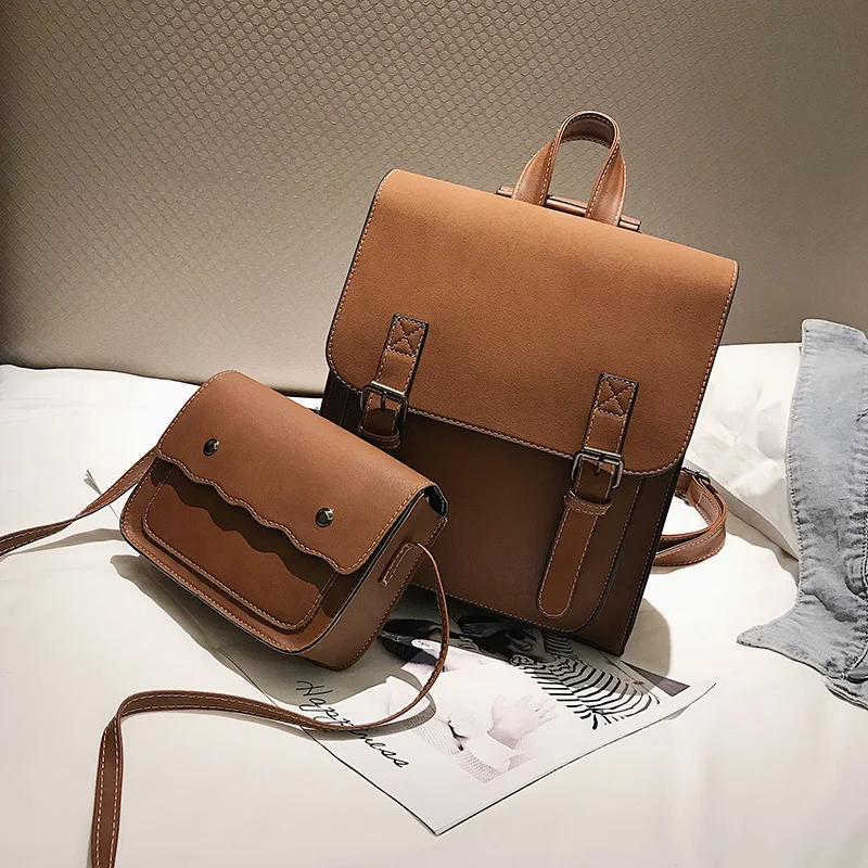 brown Модный комплект одежды из 2 шт./компл. кожа Для женщин рюкзаки для девочек-подростков женский рюкзак большой Ёмкость из Pu искусственной кожи, на цепочке, рюкзак для путешествий Винтаж школьная сумка - Цвет: brown