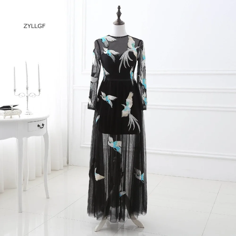 ZYLLGF вечернее платье с длинным рукавом круглым вырезом длинное формальное черное