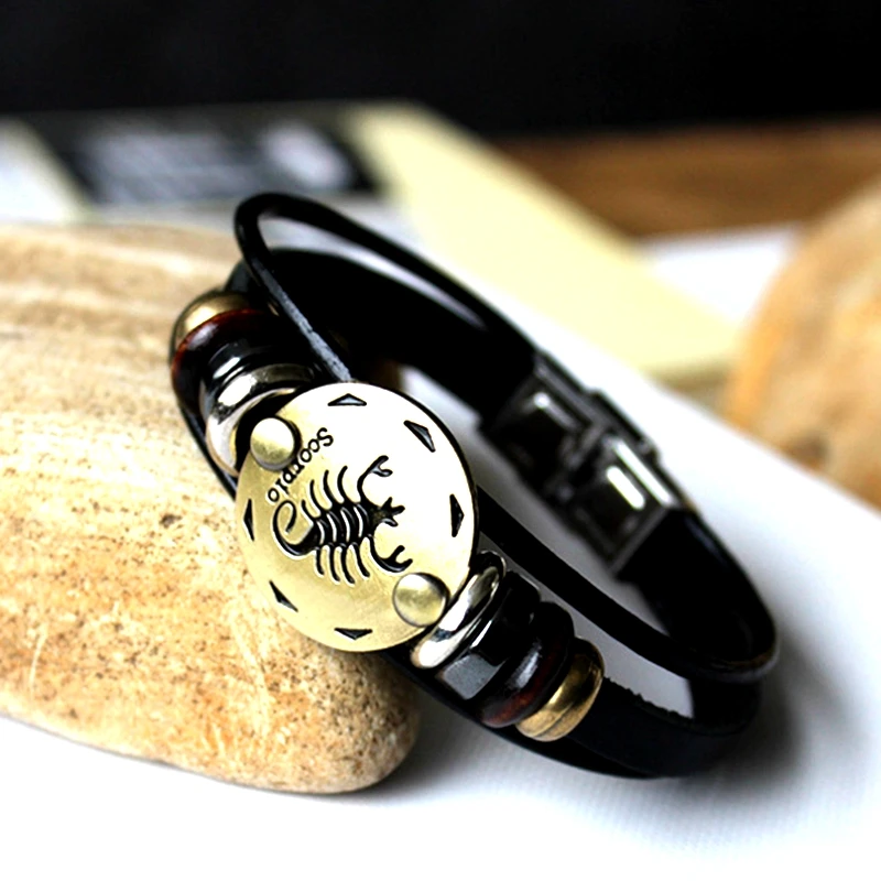 Мужской браслет в стиле панк Pulseira Masculina из натуральной кожи 12 Созвездие браслет со знаком зодиака Bileklik Ювелирные Изделия Манжета B18192