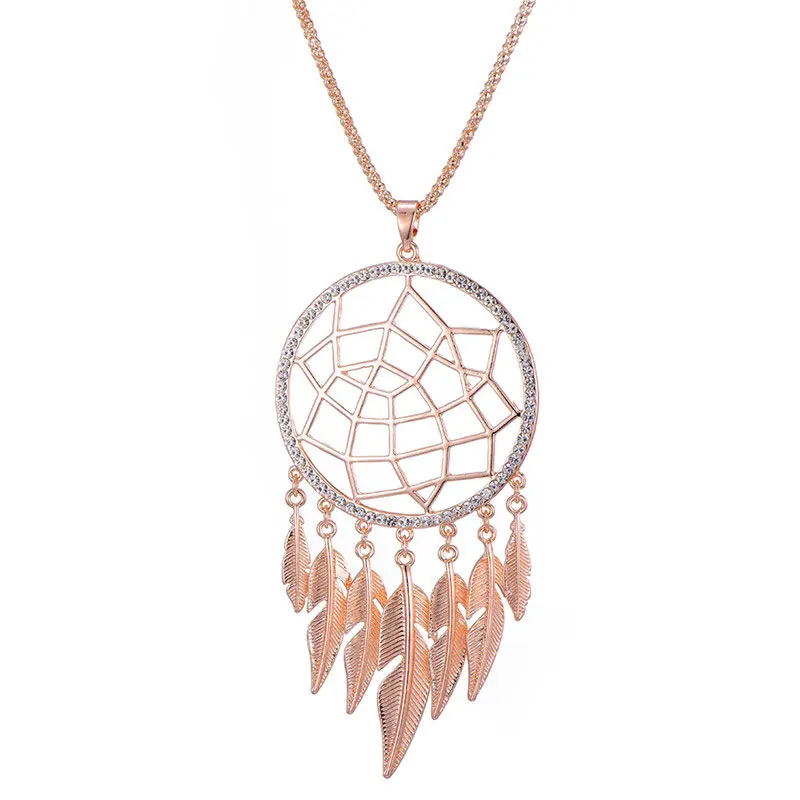 BIG-Rose Gold Большой Ловец снов кулон ожерелье золотые, серебряные, полые Длинные ожерелье с кристаллом, украшение для женщин чокер подарок колье - Окраска металла: BIG-Rose Gold