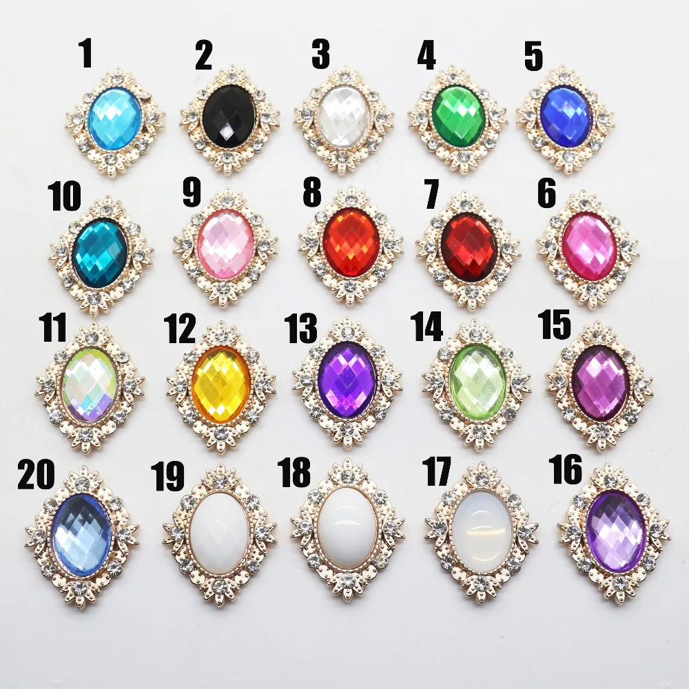 

10 pcs / lot 20 colors 25 * 30 mm decorative metal buttons rhinestone oval-shaped Flatback gold-plated center DIY accessories