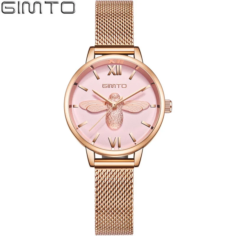 rose gold pink Роскошные женские часы Стильные минимализм классические водонепроницаемые GIMTO брендовые Роскошные повседневные женские часы модные женские часы из розового золота - Цвет: rose gold pink