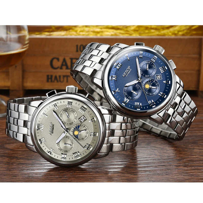 Мужские наручные часы AESOP Новые Роскошные Синие автоматические механические из