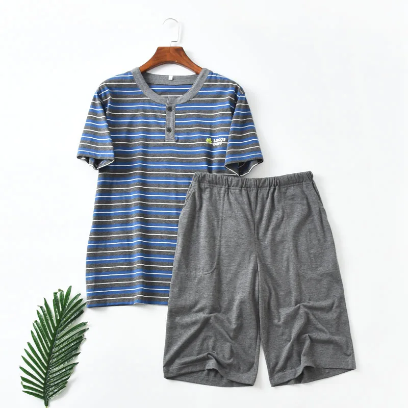 Men's Pajamas Summer Stripes Yjamas Short sleeve Cotton Shorts Mens Pajama set