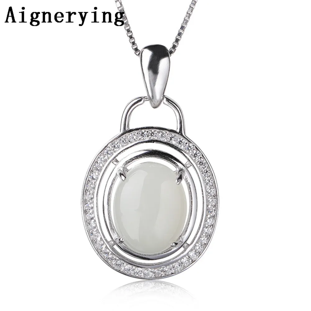 

Pure 925 Silver Pendant for Jewelry Making Natural Heitan Jade Stone Original Zircon for women party Gift Box Necklace