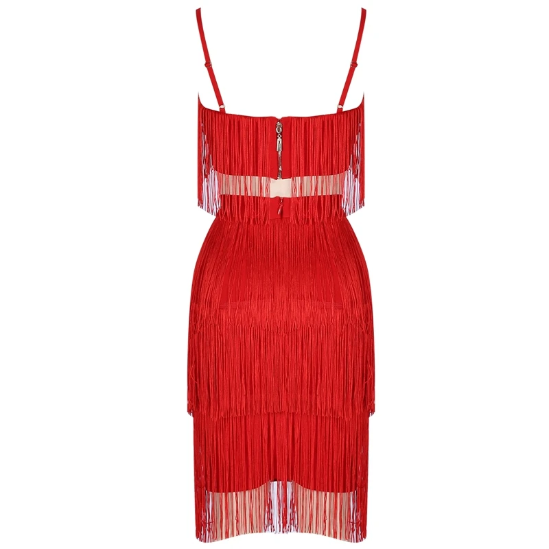 Ocstrade Women Elegant Summer Bodycon Dress New Fashion Tasseled Red Sexy Spaghetti Strap Bodycon Dress Nightclub Party
