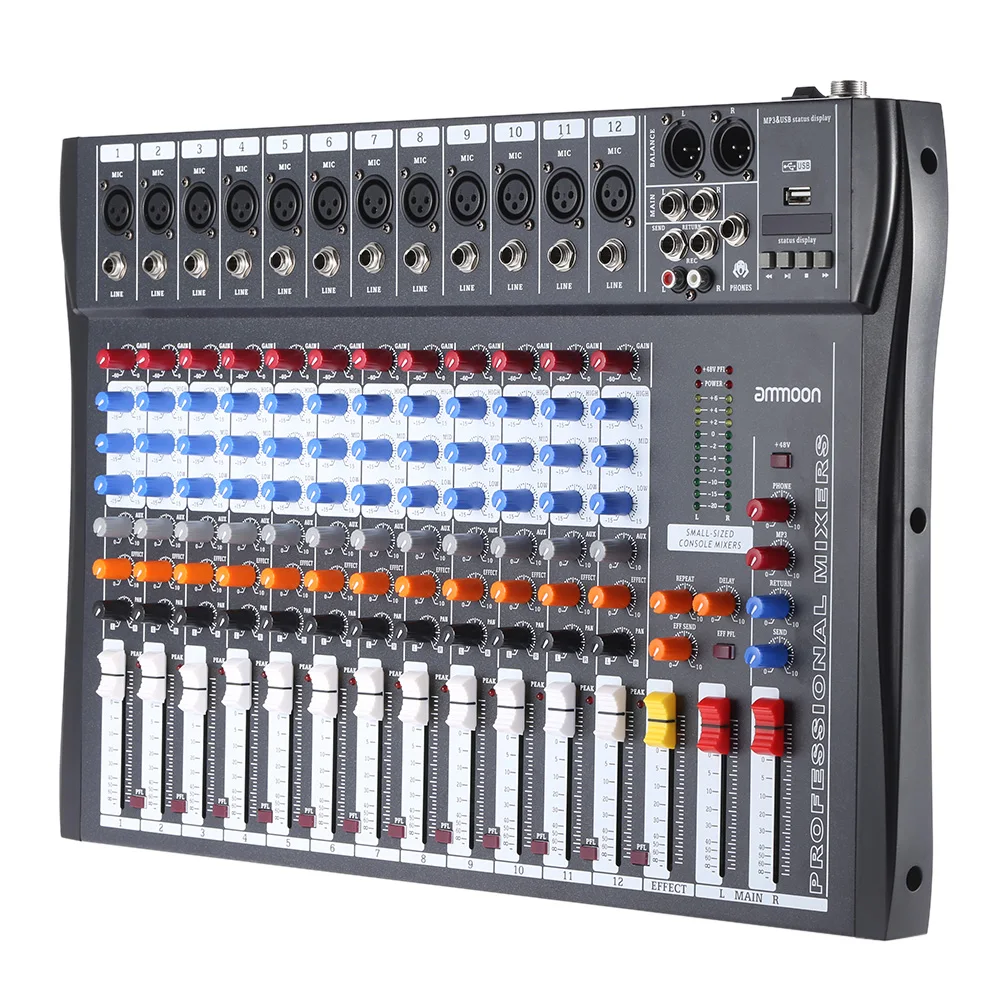 Ammoon 120S-USB микшерный пульт 12 Каналы линия для микрофона Аудио смеситель USB XLR Сделано в Китае Вход 3-полосный 48В Мощность с Мощность адаптер