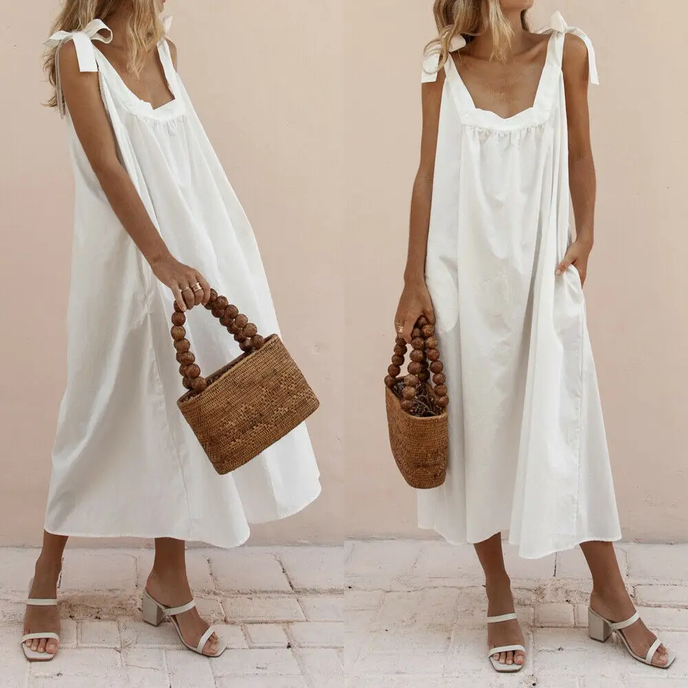 Женское платье без рукавов с карманами Boho свободное однотонное Бандажное