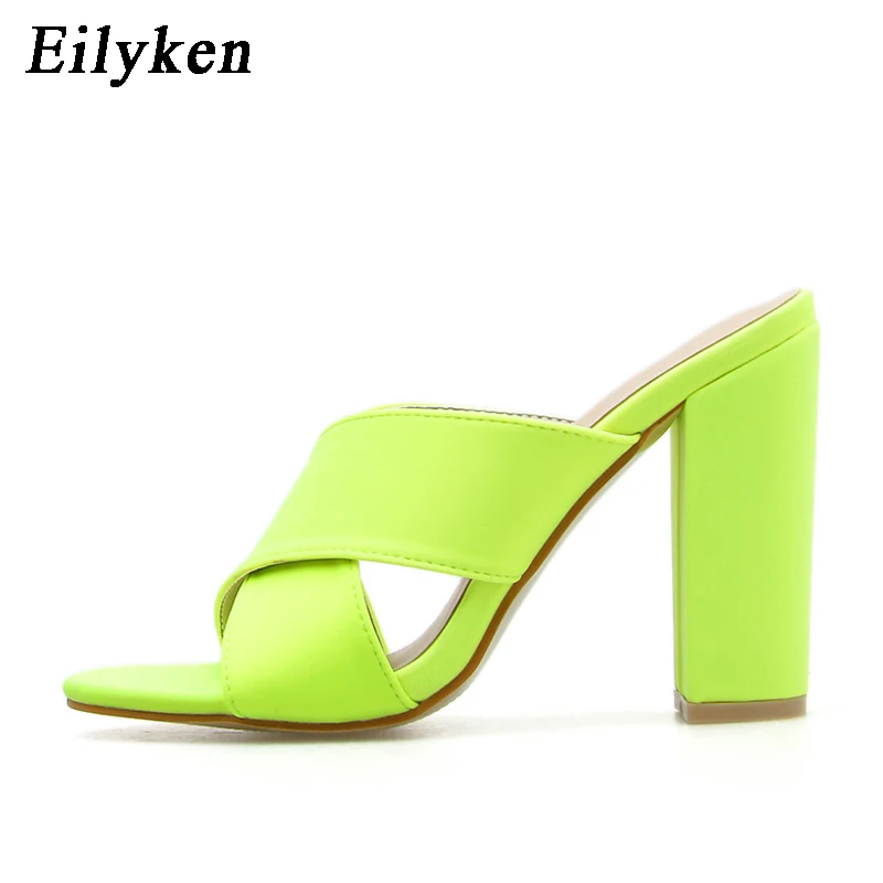 Green Eilyken/летние женские шлепанцы; туфли без пяток на высоких каблуках; пикантные женские шлепанцы на полой подошве; Туфли-лодочки; флуоресцентный зеленый цвет; Размеры 35-42 - Цвет: Green