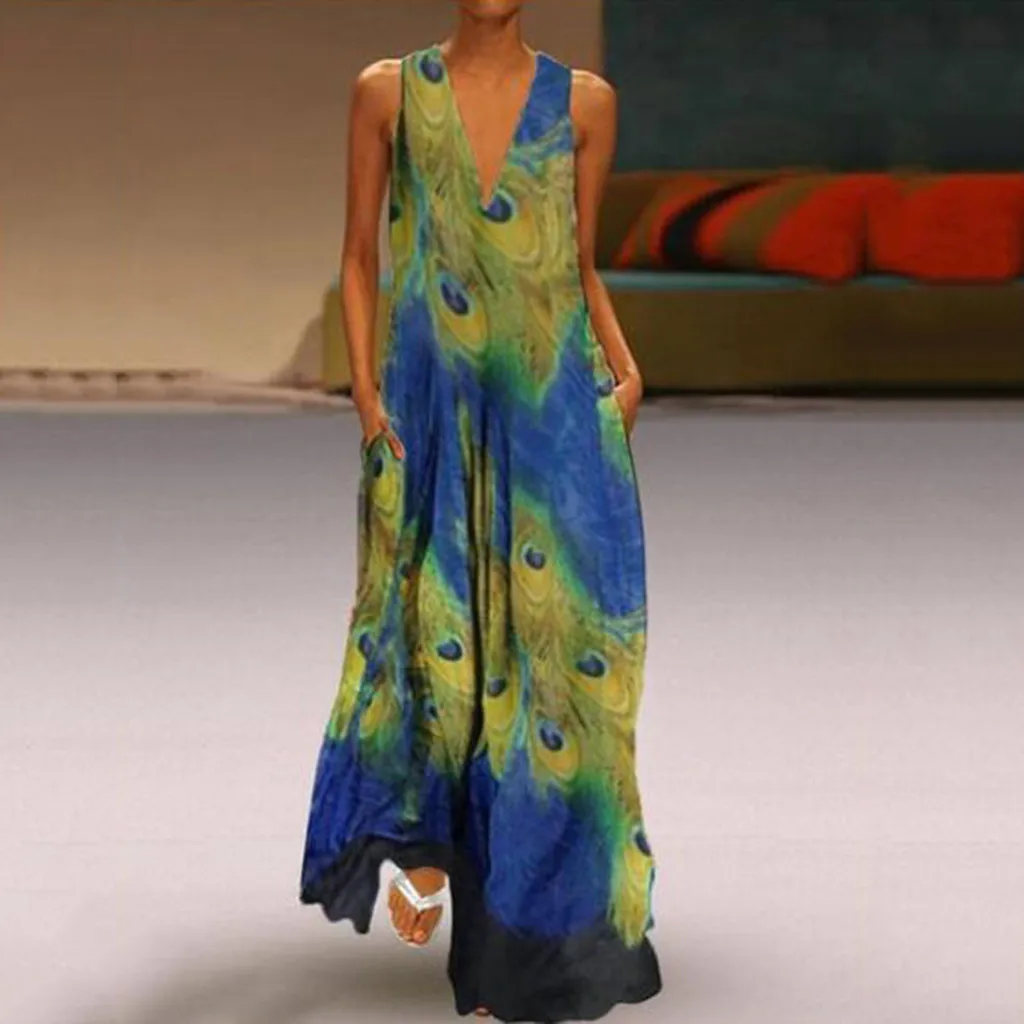 Платье в пол женское длинное с принтом Павлин и V образным вырезом|Женские платья|