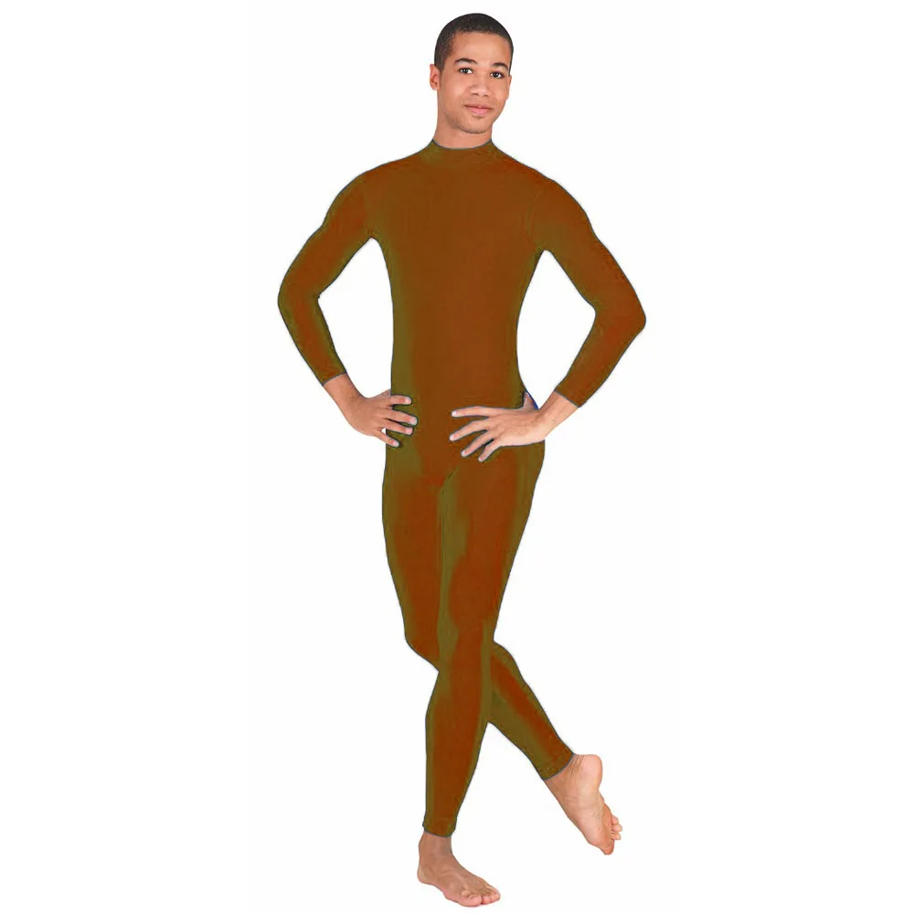 Brown OVIGILY мужские черные Unitard взрослые макет шеи спандекс лайкра зентай костюмы Колготки облегающий Костюм Стретч этап танцевальной одежды театральные костюмы - Цвет: Brown