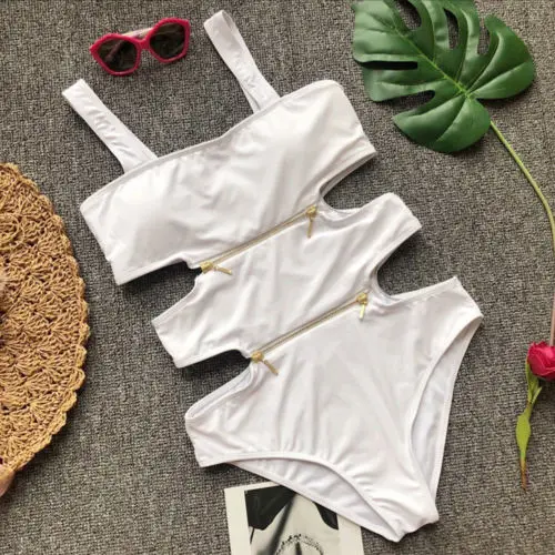 2018 Sexy Women One Piece Black White Zipper Bathing Suits Monokini Push Up Padded Bikini Swimsuit Swimwear | Спорт и развлечения